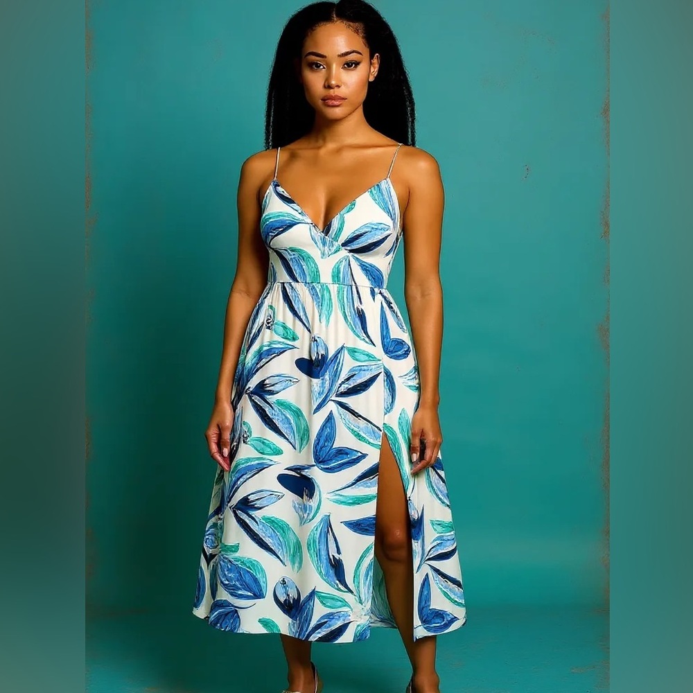 Elegant Blue Leaf Print Dress